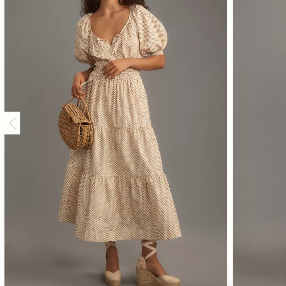 Anthropologie The Somerset Maxi Dress Puff-Sleeve Edition white tan polka dot XL